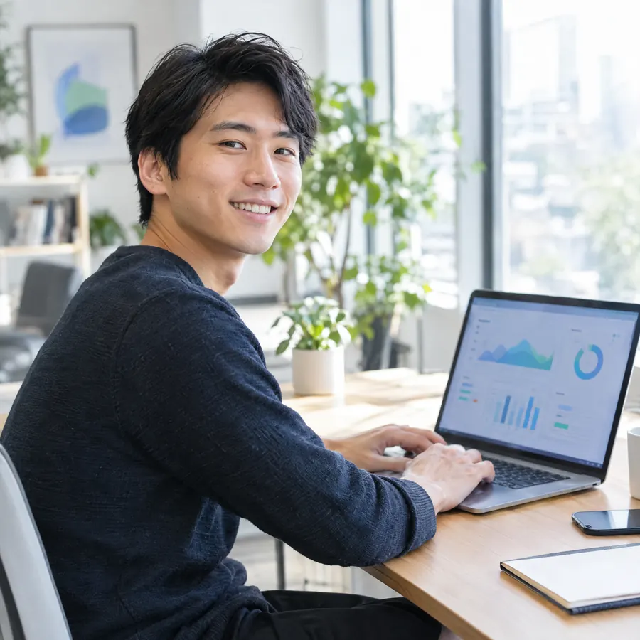 Automation specialist smiling at a dashboard on his laptop