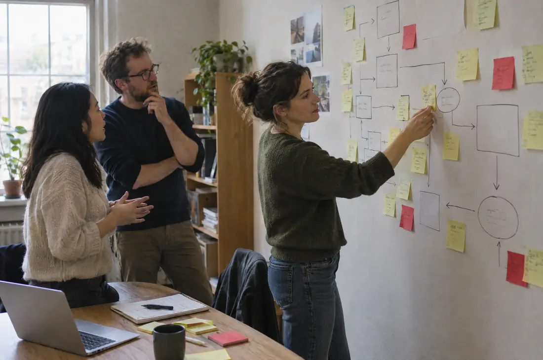 Small team mapping a workflow with sticky notes on an office wall