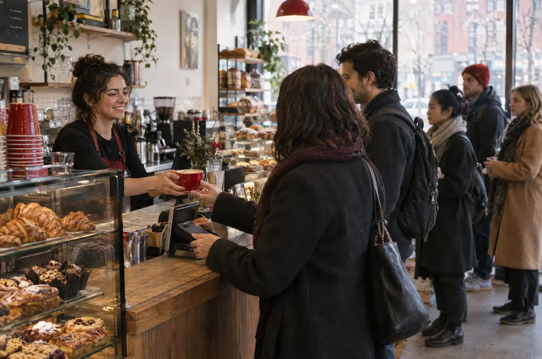 Barista serving a customer at a busy bakery counter with a queue behind