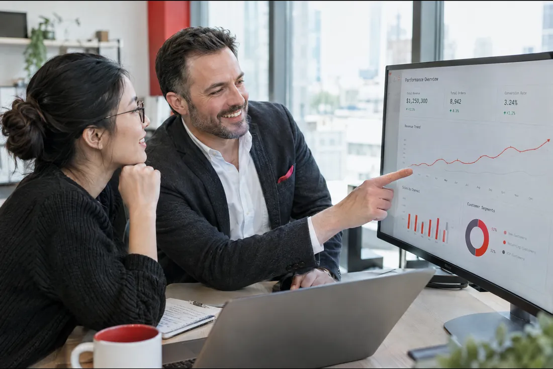 Manager and analyst reviewing a performance dashboard together